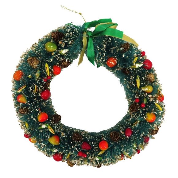 VTG Green Bottle Brush Wreath 12in Gold Flocked Multicolor Fruit Pinecone Retro - Picture 1 of 13